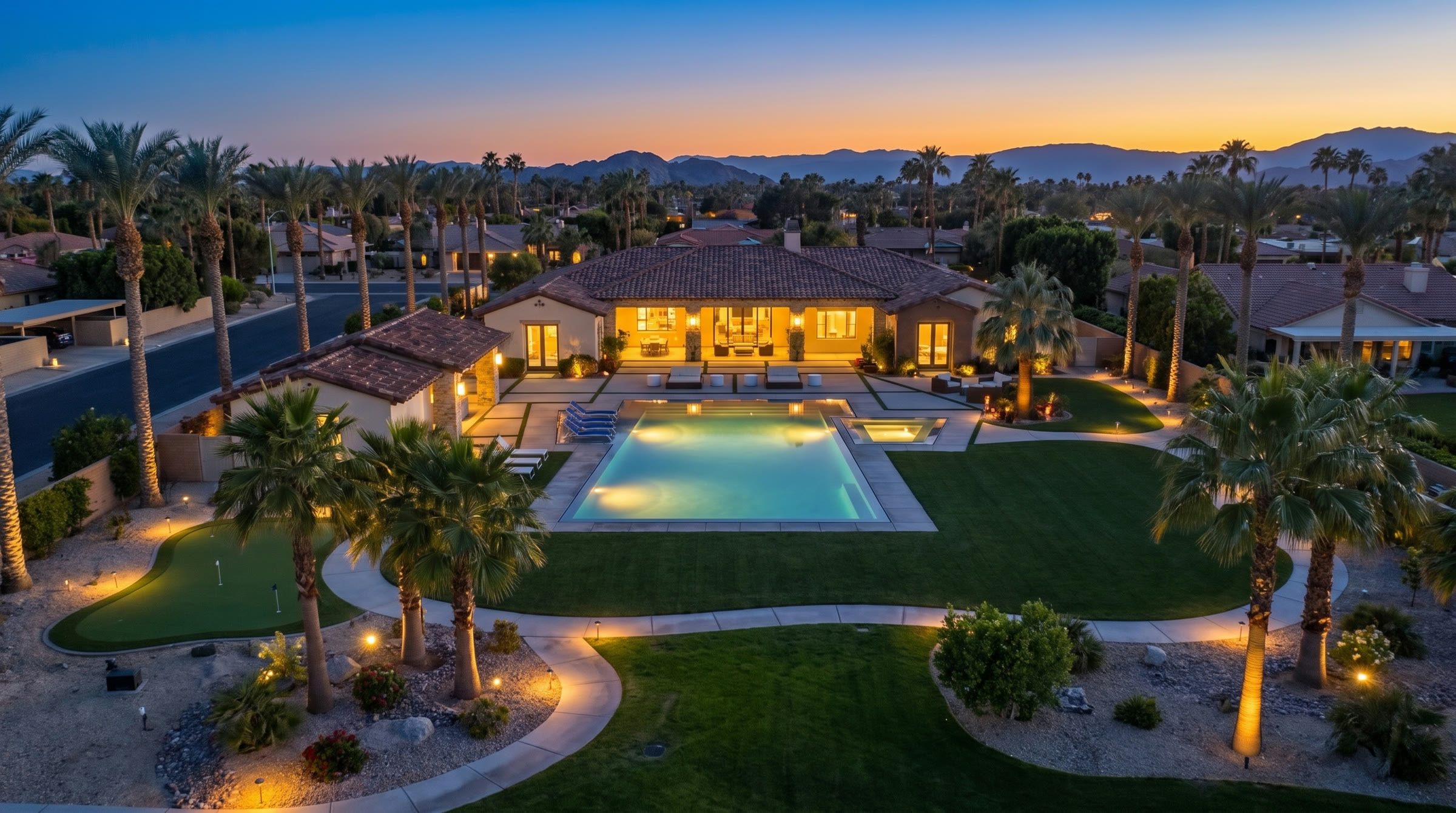 The estate at twilight, aerial view